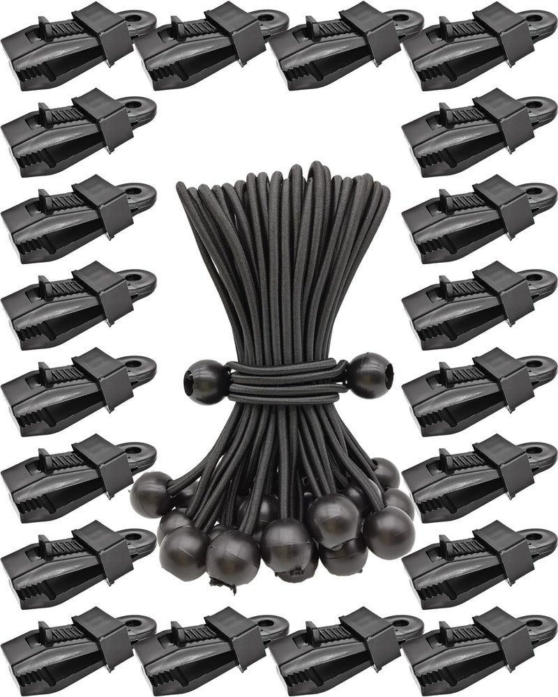 AOBYMIN Tarp Clips Lock Grip, 40 Pack Tarp Clamps Heavy Duty and Ball Bungee Cords Set, Tent Clips with 6 Inch Bungie Cord Balls for Awnings Camping, Patio Umbrellas, Pool Awning Cover - Image 1